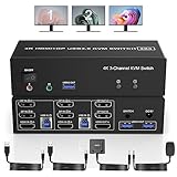 HDMI + 2 Displayport USB 3.0 KVM Switch Dreifach-Monitor für 2 Computer, 4K@60Hz KVM-Umschalter 2 Computer x 3 Monitore mit Audio-Mikrofon-Ausgang und 3 USB 3.0 Ports, Tastatur-Maus-Umschalter