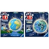 Ravensburger 3D Puzzle 11274 - Kinderglobus mit Licht in deutscher Sprache & 3D Puzzle Erde im Nachtdesign Nachtlicht 11844 - Puzzle-Ball - 72 Teile - für Globus Fans ab 6 Jahren