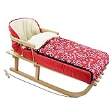 BAMBINIWELT Kombi-Angebot Holz-Schlitten mit Rückenlehne & Zugseil + universaler Winterfußsack (108cm), auch geeignet für Babyschale, Kinderwagen, Buggy, aus Wolle Flowers rot