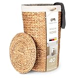 Casa Mina® Wäschekorb mit Deckel D35 x H55cm hoch I Atmungsaktiver Wäschekorb geflochten aus 100% Naturfaser I Robuster Wäschesammler mit Griffen & waschbarem Innensack I Wäschekörbe - Lombok