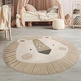 TT Home Kinderteppich Rund, Spielteppich Erdtöne, 3D Design Löwen, Robust & Modern für Jungen und Mädchen, Größe:120 cm Rund