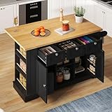 Ligterra Kücheninsel Küchenschrank mit Arbeitsplatte, Kücheninsel mit Gewürzregal, Handtuchhalter, 5 Rollen, Multifunktionsschrank, Schwarz, 132 x 70 x 87 cm