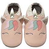 IceUnicorn Krabbelschuhe Baby Lauflernschuhe Jungen Weiche Leder Babyschuhe Kleinkind Lederschuhe mädchen Babyhausschuhe(HellPink Einhorn,12-18)