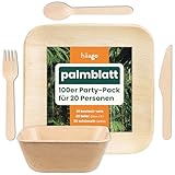 HAAGO 100-tlgs Palmblatt Geschirr & Holzbesteck Set (20x Teller (22x22cm), 20 eckige Schüsseln (450ml), 20x Messer, 20x Gabeln, 20x Löffel) Biologisch abbaubar & Einweg - Mikrowellengeeignet