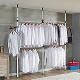 Garderoben Teleskop System, Kleiderstangensytem Regalsystem Kleiderständer 3 Stangen 4 Querstangen mit 2 breiten Haken für den Heim- und Bekleidungsgeschäft, 153-272x281-329cm