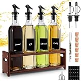 FNLLC Ölflasche mit Dunkel Holzständern 500ml,4pcs Glasflaschen,Olivenöl spender mit Trichter,Essig und Ölflaschen set,Lebensmittelechtem Bleifreiem Glas mit Etikette