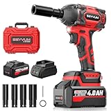 SEYVUM Akku Schlagschrauber mit 4.0Ah akkus，schlagschrauber akku,1/2 Zoll Bürstenloser Schlagschrauber mit LED-Licht für Autoreifen, Gerüstbau und Automobilmontage, 4 Stecknüsse, Schnellladegerät