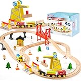 SYNCFUN 60-teiliges Montessori Holzeisenbahn Set Spielzeug ab 3 4 5 6 7 8 Jahren Kinder – BAU-Express, Ingenieureisenbahn mit Magnetkran, Zügen und Zubehör, Geschenk für Jungen und Mädchen