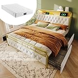 BENMWS Polsterbett,Doppelbett,140×200cm,mit Aufladen USB Type C Ladefunktion APP-Control LED Bettgestell Metallbett,Bettrahmen und 2 Schubladen,Samt(Mit Matratze)