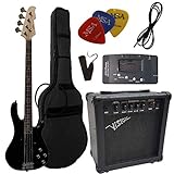 ELEKTROBASS - SET - SCHWARZ - E-BASS - GIGBAG-TASCHE - GURT - VERSTÄRKER 45 WATT - STIMMGERÄT - 3x PLEKTREN - KABEL - VISION SOUND GITARRE - LONG SCALE - JB8BK