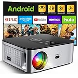 HORLAT Beamer 4K Heimkino Unterstützt, 25000 Lumen, Beamer Full HD 1080P 【Android TV】, WiFi 6 Bluetooth Projektor, Auto/4P Trapezkorrektur, 50% Zoom, Smart Beamer mit YouTube/Prime Video