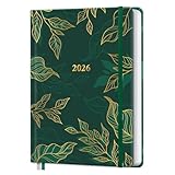 Kalender 2026 Buchkalender A5, 12 Monate Terminkalender mit Wochenplaner von Januar bis Dezember 2026 - Hardcover Kunstleder Taschenkalender Terminplaner - Grünes Blatt