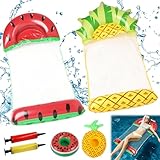 2 Stück Aufblasbare Wasserhängematte Schwimmbett, 4 in1 Wassermelone Ananas Zusammenklappbar Aufblasbares Schwimmbett mit Becherhalter und Luftpumpe Luftmatratze Pool für Erwachsene und Kinder