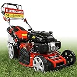 HECHT 5-IN-1 Benzin Rasenmäher – leistungsstarker 4 Takt Motor 4,0 kW (5,5 PS) – Elektrostart – 51 cm Schnittbreite – 65 l Fangkorb – Radantrieb – patentierte Räder – Mulchmäher Rasenmäher