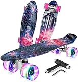 BELEEV Skateboard Komplette Mini Cruiser Skateboard für Kinder Jugendliche Erwachsene, Led Leuchtrollen mit All-in-one Skate T-Tool für Anfänger(Galaxy Purple)