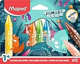 Maped - Maxi-Wachsmalstifte JUNGLE FEVER JUMBO- Kinderwachsstifte - Wachsmalkreiden für Babys ab 1 Jahr - Dreieckige Form - Erster Jumbo-Wachsmalstift - Kartonschachtel mit 12 Jumbo-Wachsmalstifte