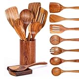 Dytabepl 9 PCS Teakholz Küchenhelfer Set, Kochlöffel Holz Pfannenwender, Küchenutensilien Holz zum Kochen, Spaghettilöffel Suppenkelle Holzspatel mit Utensilienhalter, Kitchen Gadgets Aus Teakholz