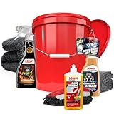 Autowäsche Set - SONAX: Autoshampoo, Felgenbeast Felgenreiniger, Brilliant Shine Detailer - Detailmate: Trockentuch, Waschhandschuh, Wascheimer mit Deckel - Autoreinigungsset Aussen