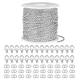 5m Ketten,2.4mm Edelstahl Kabel Kette Silber Halsketten,Basteln Gliederkette,Silber DIY Chain mit 30 Karabinerverschluss und 60 Sprung Ringe,Verdrehte Ketten Panzerketten für DIY Schmuckherstellung