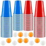 Bierpong Becher Set, Beer Pong Becher Enthält 100 Becher und 12 Tischtennisbälle, 500ML Beerpongbecher, Wiederverwendbare Partybecher für Weihnachten Party Geburtstag Festivals Hochzeit Camping
