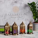 Orientalische Laternen 4 Set Laterne Basem bunt 16cm | 4x Orientalisches Windlicht aus Metall & Glas in 4 Farben | Marokkanische Glaslaterne für draußen als Gartenlaterne in Rot - Lila - Grün - Orange