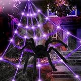 Halloween Deko Outdoor, LED Spinnennetz Halloween Set mit Einer 50cm großen Spinne und einem dehnbaren Netz, Lila Halloween String Lichter Mit 8 Modi, Gartendeko Wasserdicht Deko Für Halloween