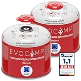EVOCAMP 2X Propan Butan Gaskartuschen 300g, Schraubventil Eurogewinde 7/16', Ventilkartuschen 539ml mit Sicherheits-Verschlussautomatik, Gaskartuschen einsetzbar für Weber Grills Q100/1200-Serien