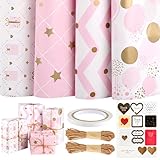 Geschenkpapier Rolle 4 Rollen, 50 * 70cm Geschenkpapier Set Mit 2 Rollen Zwirn, 1 Aufkleber, 1klebeband, Geschenkpapier Rosa Geschenkpapier Mädchen Für Weihnachten, Valentinstag.