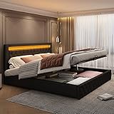 Kehun Polsterbett Doppelbett 140x200 mit LED-Kopfteil, Hydraulisches Stauraumbett mit Stauraum, Bett Bettgestell mit Hydraulische Metallrahmen und Lattenrost aus Holz, Schwarz, PU, Ohne Matratze