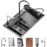 Einzelbecken-Wasserfallspüle, Edelstahl-Küchenspüle, Nano-Beschichtung, Arbeitsplatzspüle mit ausziehbarem Wasserhahn und Tassenwascher, komplettes Zubehör-Set (Größe: 80 x 45 x 22 cm)