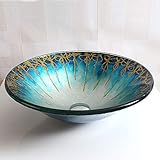 Blaues und goldenes Glasgefäß-Waschbecken – Aufsatzwaschbecken aus gehärtetem Glas für Badezimmer, stilvolles Schüsselhalterungsdesign, elegantes dekoratives Waschbecken für moderne Dekoration