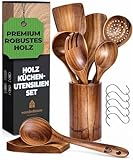 Holz Kochbesteck-Set mit Halter, Pfannenwender Kochlöffel Schöpfkelle Nudelheber Servierlöffel Sieb – mit Haken, Halter und Ablage – 13-teiliges-Set Küchenset – hochwertig & nachhaltig