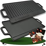 Funkenflug® Grillplatte Gusseisen [45,5x23 cm] für sensationelle Grill Ergebnisse ohne Anbrennen - Gussplatte für Gasgrill, Holzkohlegrill, Ofen & Herd - Grillplatte Gasgrill mit Fettauffangfläche