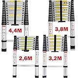 Teleskopleiter 2,6M/3,2M/3,8M/4,4M Aluleiter Klappleiter Mehrzweckleiter Rutschfester Ausziehleiter Ausziehbare Leiter Stehleiter Tragbar Leichte Leiter Schiebeleiter 150 kg Belastbarkeit