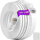 LAN Kabel 30 Meter Weiß, Netzwerkkabel Verlegekabel 30m Flach Cat 6 Hochgeschwindigkeits Gigabit Ethernet Kabel, RJ45 Kabel Dünn Internet Patchkabel Lang, Kompatibel zu Cat5 Cat5e, für Router Modem