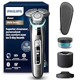 Philips Shaver S9000 – Elektrischer Nass-& Trockenrasierer für Männer, Dunkelchrom, Lift & Cut System, SkinIQ Technologie, Barttrimmer, Reinigungsstation, Ladestation & Reiseetui (Modell S9974/55)