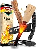 Feuerstahl Outdoor 10mm, Feuerstein mit Holzgriff für maximalen Funkenflug, Feuerstahl Zunder, Survival Kit,Set: Magnesium Feuerstarter + Paracord + Notfallpfeife + Beutel + Kienspan