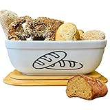 FANOUS Keramik Brotkasten – Weißbrot Aufbewahrungsbox mit Bambusdeckel – Brottopf von 36 x 24 x 14 cm – Brotkasten und Holzdeckel als Schneidebrett