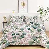 Bettdecke 4-Jahreszeiten Steppdecke in 135x200 cm mit Pflanzen Eukalyptusblätter Wildblumen, Warme und Weiche Schlafdecke ohne Bezug mit 2 Kissenbezügen, Rosa Grün
