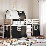 Bucmath Etagenbett mit Vorhängen Weiß & Schwarz, 75x190 cm Kiefernholz, Massivholz Kinderbett mit Rausfallschutz, Spielbett für Kinderzimmer