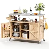 Zevemomo Outdoor-Grillwagen mit Stauraum, Edelstahl-Tischplatte, Outdoor-Kücheninsel, Massivholz, Outdoor-Buffetschrank mit Rädern zum Grillen, helle Holzfarbe