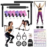 Pilates Bar Set, 6X Fitnessbänder Widerstandsbänder mit Stange, Griffe,Türanker, Fußschlaufen,Resistance Bands & Tragbarer Handtasche für Krafttraining Zuhause (Pink Lila Max 150 lbs, Mit Bauchroller)