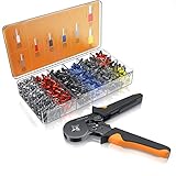 Brandson - Crimpzange inkl. 1200 Aderendhülsen- Set – Profi Isolierhülsen Sortiment – Aderendhülsenzange – 0,25 mm2–10mm2 – selbsteinstellend - Anpressdruck verstellbar – Zwangssperre – schwarz-orange