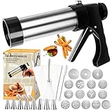 goldmiky Gebäckpresse für Spritzgebäck Edelstahl,Gebäckspritze mit 16 Schablonen und 9Tüllen, Teigspritze Kekspresse Spritzgebäck Profi Spritzgebäck Maschine für Kuchen Kekse