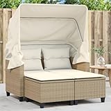 HUAKEHOM Gartensofa 2-Sitzer mit Dach und Hockern Outdoor Sofa Gartenmöbel Garten Lounge Set Terrasse Terrassenmöbel Zweisitzer Beige und Creme Poly Rattan