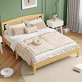 ANIROY Doppelbett, Rattanbett, Jugendbett, Erwachsenenbett mit 15 Latten und Mittelfüße, Rattannetzkissen, Kiefer + PE-Rattan, 160X200cm, Natur