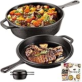 Overmont 2 in 1 Gusseisen Topf Dutch Oven mit Pfannendeckel 3I Gusseisentopf + 1,4I Pfannendeckel einsatzfertig eingebrannt mit Langem Griff für Küche Camping Garten BBQ Backen Modell: OV009