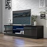 Schwarzer TV schrank mit LED-Beleuchtung für TV-Geräte bis 70 Zoll, Entertainment-Center mit Highlight-Stauraum und Verstellbaren Offenen Ablagen, Moderner Fernsehschrank für Wohn- und Schlafzimmer