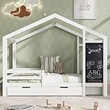 Hausbett 90x200 Mit Tafel und 2 Schubladen - Massivholz Kinderbett mit Rausfallschutz und Lattenrost - Kinder Haus Bett aus Kiefer Holz Jugendbett Massivholz für Kinderzimmer, Weiß (ohne Matratze)