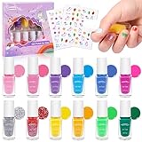 Nail Nagellack Set für Kinder, 12 Farben Ungiftiger Kindernagellack Peel-Off Nagelset mit Nagelsticker, Schnell Trocknend und Leicht zu Entladen, Geburtstagsgeschenk Mädchen ab 3 Jahren